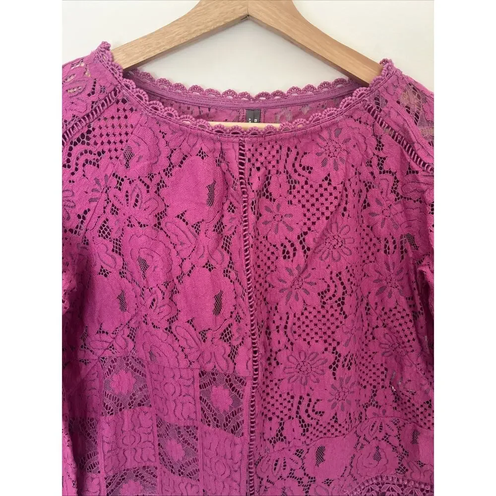 Anthropologie Long Sleeve Lace Patches Blouse XS Lavender‎ Pink